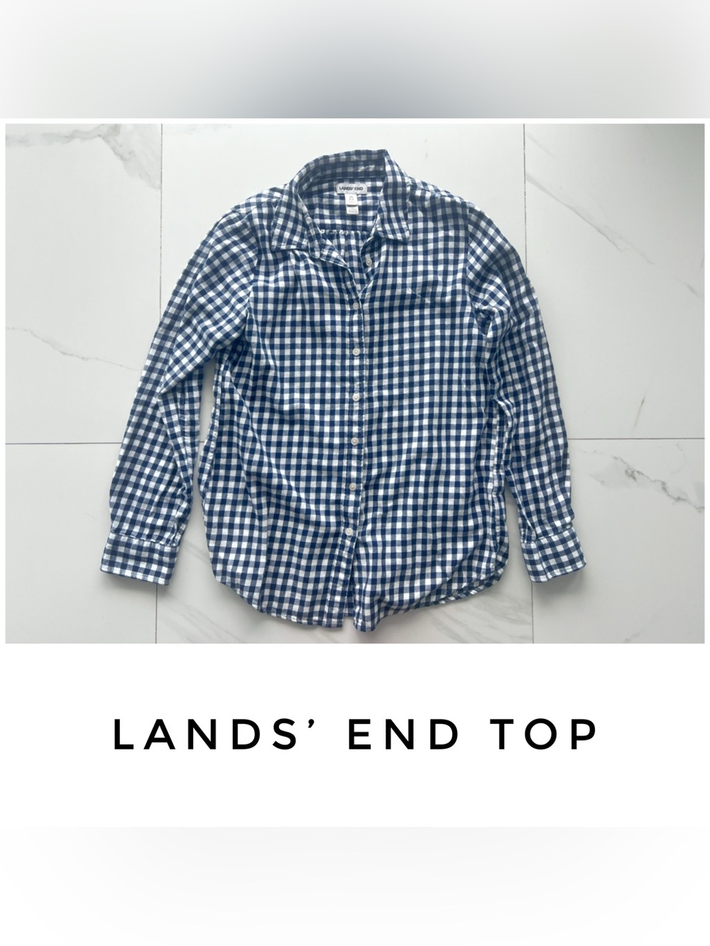 Lands’ End top size Medium blue white gingham checkered flannel